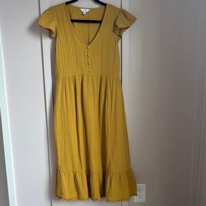 Time And Tru Mustard Yellow V-Neck Ruffle Boho Midi Dress